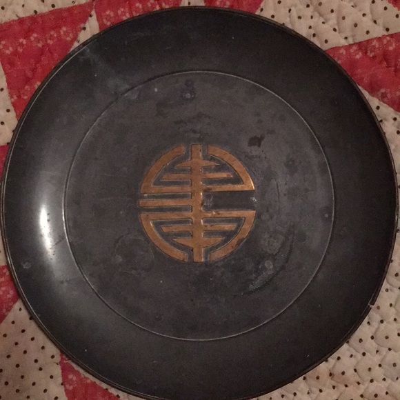 Pewter brass heavy Cat food dish Asian plate - Picture 2 of 5